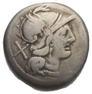 obverse: ANONYMOUS (211-170 BC) Denarius, cornucopia symbol. Obv/ Head of Roma R/ The Dioscuri galloping towards d. B. 20 Syd. 216 and 340 Cr. 58/2 Ag g 3.5. mm 18.2