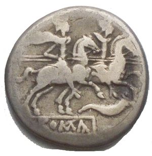 reverse: ANONYMOUS (211-170 BC) Denarius, cornucopia symbol. Obv/ Head of Roma R/ The Dioscuri galloping towards d. B. 20 Syd. 216 and 340 Cr. 58/2 Ag g 3.5. mm 18.2