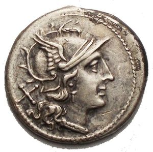 reverse: The Roman Republic Struck Coinage Rostrum tridens (second) series Denarius circa 206-195, AR 4.12 g. Helmeted head of Roma r.; behind, X. Rev. The Dioscuri galloping r.; below, rostrum tridens and ROMA in partial tablet. Sydenham 244. Crawford 114/1. EF/aEF