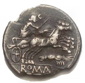 obverse: Anonymous, Shrimp Denarius, Rome, c.179-170 BC d/Anepigraph. Helmeted head of Roma right; behind, control letter X. r/A in the exergue, ROMA. Luna driving a bige right, below a shrimp. VF. Rare. Furry. 18.09 x19.00 mm. 2.23 g RRC.156/1, BMCRR.585