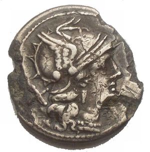 reverse: Anonymous, Shrimp Denarius, Rome, c.179-170 BC d/Anepigraph. Helmeted head of Roma right; behind, control letter X. r/A in the exergue, ROMA. Luna driving a bige right, below a shrimp. VF. Rare. Furry. 18.09 x19.00 mm. 2.23 g RRC.156/1, BMCRR.585