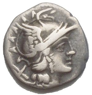 obverse: Roma. Anonymous, symbol feather. Denarius. ( Ag. 3,57 g. 16,5 x 17,1 mm) 179-170 BC. Helmeted head of Roma right; behind, X. R/ Luna in biga right, holding reins in left hand, with horses prancing; below, feather; in exergue, ROMA. Crawford 163/1; Sydenham 325; BMCRR Italy 394. Very fine. Scarce.