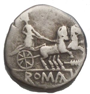 reverse: Roma. Anonymous, symbol feather. Denarius. ( Ag. 3,57 g. 16,5 x 17,1 mm) 179-170 BC. Helmeted head of Roma right; behind, X. R/ Luna in biga right, holding reins in left hand, with horses prancing; below, feather; in exergue, ROMA. Crawford 163/1; Sydenham 325; BMCRR Italy 394. Very fine. Scarce.