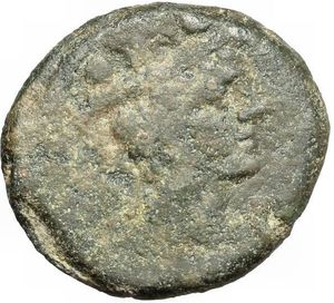 obverse: L. Mamilius. AE Sextans, c. 189-180 BC. Obv. Bust of Mercury right, above, two pellets. Rev. Prow right; above, Ulysses holding staff in left hand between RO-MA; before, two pellets and below, [L. MAMILI]. Cr. 149/5a. B. 5. AE. g. 4.32 mm. 18.50 RRR. Extremely rare. Dark green patina. About VF/F.