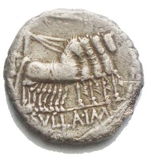 reverse: L. Manlius Torquatus and L. Cornelius Sulla AR Denarius. Military mint moving with Sulla, 82 BC. Helmeted bust of Roma right, with peaked visor, cruciform earring and necklace, hair in three locks; L MANLI before; PRO•Q behind / Sulla, togate, driving triumphal quadriga right, holding branch and reins; above, Victory flying left crowning Sulla with laurel wreath; L•SVLLA•IM in exergue. Crawford 367/5; Sydenham 757. 3.26g, 16mm