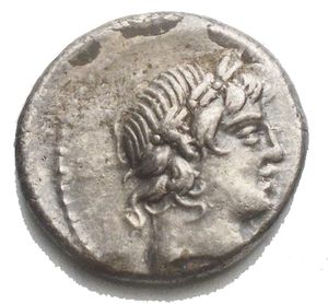 obverse: L. Censorinus AR Denarius. Rome, 82 BC. Laureate head of Apollo to right / Marsyas standing to left, holding wineskin over shoulder, beside column to right, surmounted by statue of Minerva(?) standing to left; L•CENSOR downwards to left. Crawford 363/1d; BMCRR Rome 2657-9; RSC Marcia 24. 3.74g, 17.1mm