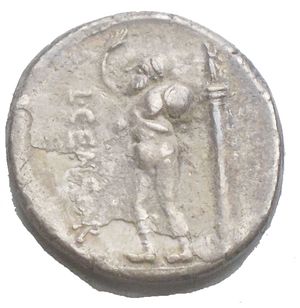 reverse: L. Censorinus AR Denarius. Rome, 82 BC. Laureate head of Apollo to right / Marsyas standing to left, holding wineskin over shoulder, beside column to right, surmounted by statue of Minerva(?) standing to left; L•CENSOR downwards to left. Crawford 363/1d; BMCRR Rome 2657-9; RSC Marcia 24. 3.74g, 17.1mm