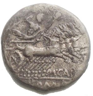 reverse: Papirius. Marcius Papirius Carbo. Denarius. 121 BC. Auxiliary mint of Rome. (Craw-276/1). (Cal-1063). Anv.: Head of Roma right, X below chin, laurel-branch behind. Rev.: Jupiter in quadriga right, M. CARBO., below horses, ROMA in exergue. Ag. 3,82 g. 17,8mm