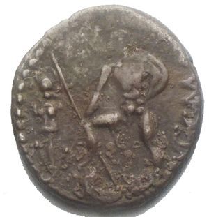 reverse: Poblicius. Caius Poblicius Malleolus. Denarius. 91 BC. Auxiliary mint of Rome. Craw-335/3c d/ Head of Mars right, feather on helmet r/ A warrior or hero standing left, before trophy, foot on cuirass, prow and C. MAL. Ag. 3,87 g. 