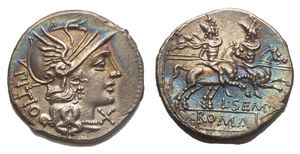 obverse: L. Sempronius Pitio. Silver Denarius (4.05 g), 148 BC. Rome. PITIO behind, head of Roma right, wearing winged helmet ornamented with griffin s head; below chin, X (denomination). Reverse L SEMP below, ROMA in relief in linear frame in exergue, the Dioscuri on horseback riding right, each holding couched spear. Crawford 216/1; Sydenham 402; Sempronia 2. A superb specimen, needle sharp and perfectly centered; all lightly toned. Slight coinage cracking. Mint State. 