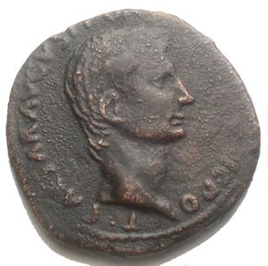 obverse: Augustus - Lurius Agrippa - As 7 BC. Rome mint, moneyer P. Lurius Agrippa. Obv: CAESAR AVGVST PONT MAX TRIBVNIC POT legend with bare head right. Rev: P LVRIVS AGRIPPA IIIVIR AAAFF legend around large SC. RIC 427; BMC 214; Cohen 446; Sear 1686. gr 11,58. mm 28,4 Very fine.