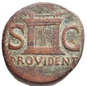 obverse: Divus Augustus. Died AD 14. Æ As (26.9mm, 10.68 g). Rome mint. Struck under Tiberius, circa AD 22/3-30. DIVVS AVGVSTVS PATER radiate head left / S C across field, PROVIDENT in exergue, altar, with closed, double-panelled door; acroteria above to left and right. RIC I 81 (Tiberius); BMCRE 146-50 (Tiberius); BN 131-5 (Tiberius). aVF/VF