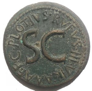 obverse: AUGUSTUS  27 BC-14 AD. Æ Dupondius (12.87 gm, 26.81 mm) of C. Plotius Rufus, 15 BC. Inscription in wreath / Large S C. RIC.388. Good VF - XF, green patina. Scarce.