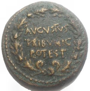 reverse: AUGUSTUS  27 BC-14 AD. Æ Dupondius (12.87 gm, 26.81 mm) of C. Plotius Rufus, 15 BC. Inscription in wreath / Large S C. RIC.388. Good VF - XF, green patina. Scarce.