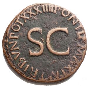 obverse: Augustus. 27 BC-AD 14. Æ As (29.06 mm, 10.13). Rome mint. Struck AD 11-12. Bare head left / Legend around large S • C. RIC I 471.  Near VF.