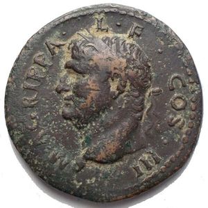 obverse: AGRIPPA (Died 12 BC). Restitution issue under Titus (79-81). As. Rome. Obv: M AGRIPPA L F COS III. Head of Agrippa left, wearing rostral crown. Rev: IMP T VESP AVG REST. Neptune standing left, holding small dolphin and trident. RIC 470 (Titus). Good Very fine. Weight: 12,03 g. Diameter: 28,37 mm.