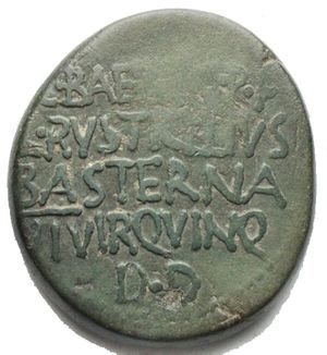 obverse: Roman Imperial & Provincial MACEDON. Uncertain colonia. Tiberius, 14-37. Ae. 11,04 g. Pella or Dium. TI.CAESAR AVG F AVGVSTVS Bare head of Tiberius to right. Rev. C BAEBIO P F /L RVSTICELIVS/ BASTERNA/ II VIR QVINQ/ D D in four lines. RPC I 1536. Rare issue. Very Fine