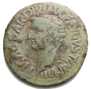 obverse: Tiberius Ӕ 30.5 x 30.9 mm of Utica, Zeugitana. AD 27-28. Vibius Marsus, proconsul, Nero Caesar, quaestor, A. M. Gemellus, praetor. TI CAESAR DIVI AVG F AVGVST IMP VIII, bare head to left / FEC VIB MARSO SOPR COS DR CAE Q P R T C RVFVS, Livia, veiled, seated to right on stool, holding sceptre and patera; D-D and P-P across fields. RPC I 733; MAA 115b; Müller 364. g 12.77. Very Fine. Green patina