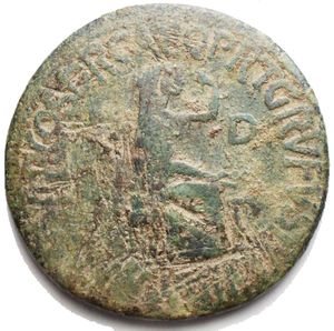 reverse: Tiberius Ӕ 30.5 x 30.9 mm of Utica, Zeugitana. AD 27-28. Vibius Marsus, proconsul, Nero Caesar, quaestor, A. M. Gemellus, praetor. TI CAESAR DIVI AVG F AVGVST IMP VIII, bare head to left / FEC VIB MARSO SOPR COS DR CAE Q P R T C RVFVS, Livia, veiled, seated to right on stool, holding sceptre and patera; D-D and P-P across fields. RPC I 733; MAA 115b; Müller 364. g 12.77. Very Fine. Green patina