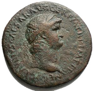 obverse: NERO. 54-68 AD. Æ Sestertius g 24.41. mm 36,1. Rome mint. Struck 64 AD. Laureate bust right, wearing aegis / Nero on horseback left, holding spear; behind him, soldier on horseback holding vexillum. RIC I 165; BMCRE 148; Cohen 91. VF, green brown patina