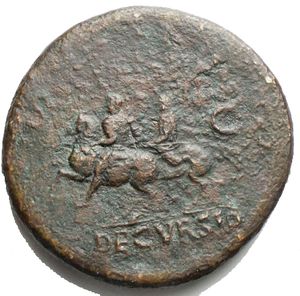 reverse: NERO. 54-68 AD. Æ Sestertius g 24.41. mm 36,1. Rome mint. Struck 64 AD. Laureate bust right, wearing aegis / Nero on horseback left, holding spear; behind him, soldier on horseback holding vexillum. RIC I 165; BMCRE 148; Cohen 91. VF, green brown patina