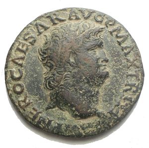 obverse: Nero Æ As. Lugdunum, AD 64-67. IMP NERO CAESAR AVG P MAX TR P P P, bare head right / Victory alighting holding shield inscribed SPQR. RIC 543. 8.88 g, 27.9 mm  Very Fine.