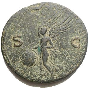 reverse: Nero Æ As. Lugdunum, AD 64-67. IMP NERO CAESAR AVG P MAX TR P P P, bare head right / Victory alighting holding shield inscribed SPQR. RIC 543. 8.88 g, 27.9 mm  Very Fine.
