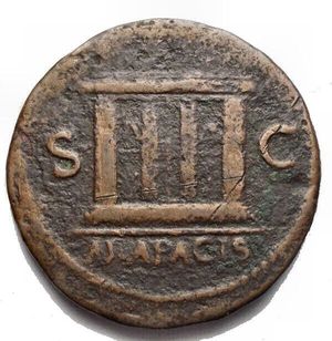 obverse: Nero. AD 54-68. Æ As (29 mm, 9.38 g). Lugdunum (Lyon) mint. Struck circa AD 65. Bare head left, globe at point of neck / ARA PACIS, altar-enclosure with ornamented top, decorated front panels, and central double doors. RIC I 461; WCN 576; Lyon 152. Green brown patina. Good F - aVF. Rare type for Nero.