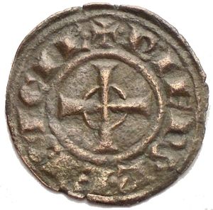 reverse: House of Hohenstaufen (1194-1268), Frederick II (King of Sicily, 1198–1250; King of Germany, 1212-1220; Emperor, 1220-1250), Denaro, Brindisi or Messina, 1247-1248; BI (g 0,69; mm 16,8 x 17,2); + ROM IPERATOR, in field, FR; above horizontal segment, below, star, Rv. + R IERSL’ ET SICIL’, celtic cross. Spahr 143; MEC XIV, 565-566; Travaini 44. Good VF - aEF