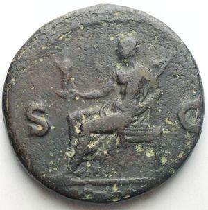 reverse: Galba (68-69), As, c. end of September or early October AD 68; AE (g 10,14; mm 26,47); IMP SER GALBA CAES AVG TR P, bare head r., Rv. VES - TA, Vesta, draped, seated l. on low chair, holding Palladium and sceptre; in field, S - C. RIC 374; C 311. Dark greene patina. Very fine.