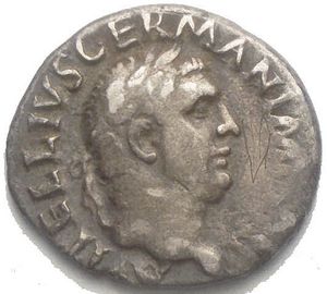 obverse: Vitellius (late April-20 December AD 69). AR denarius (19.1 x 17.7mm, 3,3 g). d/ A VITELLIVS GERMAN IMP TR P, laureate head of Vitellius right r/ XV VIR-SACR FAC, tripod-lebes surmounted by dolphin right, raven standing right below. RIC I 86. VF. Toned