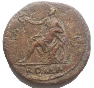 reverse: VESPASIEN (69-79), AE dupondius, 71, Rome. D/ IMP CAES VESPASIAN AVG COS III. T r. à d. R/ Roma assise à g. sur une cuirasse, ten. une couronne de la d. tendue, le bras g. posé sur le parazonium. Dans le champ, S-C. A l ex., ROMA. BMC 128, 591; RIC 279. 12,98 g. 26,1 mm Patine brune vert.  Very Fine 