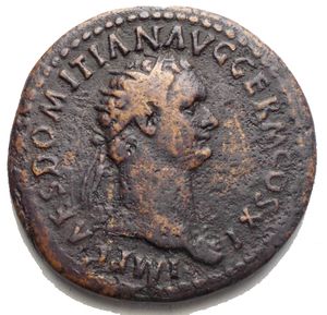 obverse: ROMAN EMPIRE. DOMITIANUS, Augustus 81-96. AE-Dupondius (85) g 12.43. mm 28.75 head with aegis and crown d/ IMP CAES DOMITIAN AVG GERM COS XI r / S - C Tropaeum between seated Germania n.r. and German prisoners n.l. . RIC 266, new 295, BMC 310, C. 539. . brown patina, VF - a VF