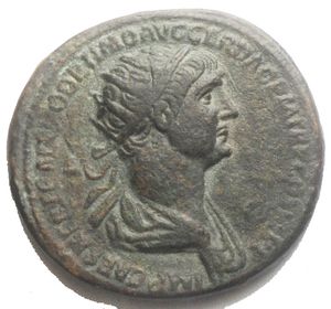 obverse: Traian (AD 98-117), AE Dupondius, Rome mint, AD 114-117. Obverse: IMP CAES NER TRAIANO OPTIMO AVG GER DAC P M TR P COS VI P P, radiated bust of Trajan right.Reverse: S - C, SENATVS POPVLSQVE ROMANVS, Felicitas standing left. diameter 27.4 mm, weight 12.35 g. Good VF