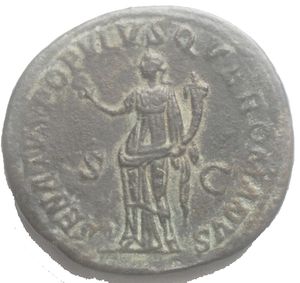 reverse: Traian (AD 98-117), AE Dupondius, Rome mint, AD 114-117. Obverse: IMP CAES NER TRAIANO OPTIMO AVG GER DAC P M TR P COS VI P P, radiated bust of Trajan right.Reverse: S - C, SENATVS POPVLSQVE ROMANVS, Felicitas standing left. diameter 27.4 mm, weight 12.35 g. Good VF