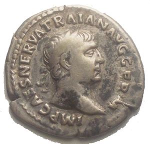 obverse: TRAJAN. 98-117 AD. AR Denarius (19.9mm, 3.15 gm). Struck 101-102 AD. IMP CAES NERVA TRAIAN AVG GERM, laureate bust right / P M TR P COS IIII P P Hercules standing facing, on low base. Rif RIC II 49 var. 