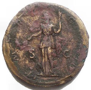 reverse: Hadrian Æ Sestertius. Rome, AD 122-125. IMP CAESAR TRAIAN HADRIANVS AVG, laureate, draped and cuirassed bust of Hadrian right / P M TR P COS III, S C across field, Ceres standing facing, head left, holding grain ears and long torch. RIC 610; BMC 1247; Cohen 1075. 22.1g, 34.02mm. aVF