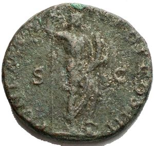 reverse: Hadrianus (117 - 138 AD). As. 119 - 120 AD Rome. Vs: IMP CAESAR TRAIANVS HADRIANVS AVG. Bust with laurel wreath and draping on the right. Rev: PONT MAX TR POT COS III / S - C. Honos with scepter and cornucopia standing to the right. 25.03mm. 10.5g. RIC 574. Very Fine. Untouched green patina