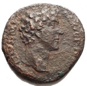 obverse: Marcus Aurelius (Caesar, 139-161). Æ As (25.5 mm, 9.13g). Rome, AD 145. Bare head r. R/ Faustina and Marcus Aurelius standing vis-à-vis, clasping r. hands; behind them stands Concordia placing her hands on their shoulders. RIC III 1269 (Pius). Rare. aVF 