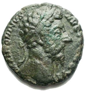 obverse: Marcus Aurelius AD 161-180. Struck AD 172. Rome As Æ 23,3 mm.9,58 g. M ANTONINVS AVG TR P XXVI, laureate head right / IMP VI COS III, Victory advancing left, holding wreath and palm frond.  RIC III 1028; MIR 18, 235-9/30. Very fine. Green patina