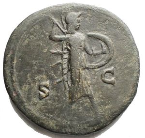 reverse: Marcus Aurelius, as Caesar, 139-161. Sestertius (g 24.01, mm 31,1), Rome, 145. Bare-headed bust of Marcus Aurelius to right. Rev. Minerva standing right, brandishing spear in her right hand and holding shield in her left. S - C