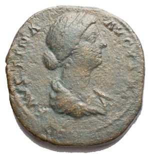 obverse: Faustina Junior. Augusta, AD 147-175. Æ As (25.7 x 26.4mm, 11.54 g). Rome mint. Struck AD 161-164. Draped bust right / Fecunditas standing right, holding scepter and child. RIC III 1639 (Aurelius); MIR 18, Fa 9 for type, but unlisted for As. aVF