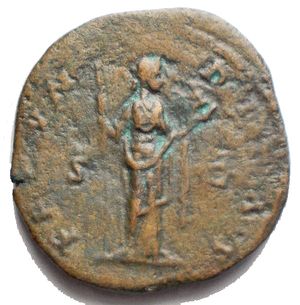 reverse: Faustina Junior. Augusta, AD 147-175. Æ As (25.7 x 26.4mm, 11.54 g). Rome mint. Struck AD 161-164. Draped bust right / Fecunditas standing right, holding scepter and child. RIC III 1639 (Aurelius); MIR 18, Fa 9 for type, but unlisted for As. aVF
