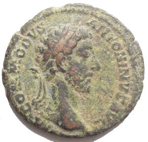obverse: COMMODUS. 177-192 AD. Æ As (26.6 mm, 10.5 g). Struck 183 AD. Laureate head right / Fortuna standing facing, head left, holding rudder on globe and cornucopiae. RIC III 361a; MIR 19, 556-9/30; BMCRE 501; Cf. aVF. Green patina
