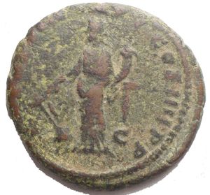 reverse: COMMODUS. 177-192 AD. Æ As (26.6 mm, 10.5 g). Struck 183 AD. Laureate head right / Fortuna standing facing, head left, holding rudder on globe and cornucopiae. RIC III 361a; MIR 19, 556-9/30; BMCRE 501; Cf. aVF. Green patina