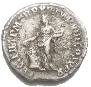 reverse: Commodus (180-192) Denarius Ar. 186 Rome. Diameter: 18.2 mm Weight: 3.22g. d/ M COMM ANT P - FEL AVG BRIT. Laureate head of Commodus right r/ AVCT PIET P M TR P XII IMP VIII COS V P P. Pietas (Piety) draped standing left, holding an incense box (acerra) in her left hand and sacrificing above a lit altar. C.34 - RIC.146. VF+