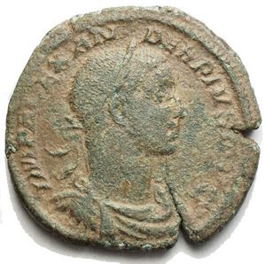 obverse: Severus Alexander, 222-235. Sestertius Ae 31.35 mm, 13.91 g  Rome 231 IMP ALEXANDER PIVS AVG Laureate, draped and cuirassed bust of Severus Alexander to right. Rev. P M TR P X COS III P P / S - C Sol standing left, raising his right hand and holding globe in his left. BMC 866. Cohen 412. RIC 515. Very fine. Green patina