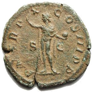 reverse: Severus Alexander, 222-235. Sestertius Ae 31.35 mm, 13.91 g  Rome 231 IMP ALEXANDER PIVS AVG Laureate, draped and cuirassed bust of Severus Alexander to right. Rev. P M TR P X COS III P P / S - C Sol standing left, raising his right hand and holding globe in his left. BMC 866. Cohen 412. RIC 515. Very fine. Green patina