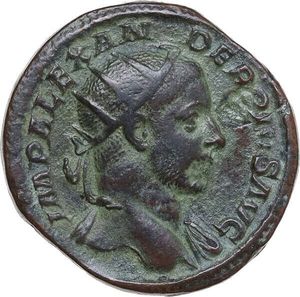 obverse: Severus Alexander (222-235). AE Dupondius, Rome mint, 232 AD. Obv. IMP ALEXANDER PIVS AVG. Bust of Severus Alexander, radiate, draped over left shoulder, right. Rev. P M TR P XI COS III P P S C. Sol, radiate, head left, standing front, raising right hand and holding whip in left hand. RIC IV Severus Alexander 526. AE. 10.43 g. 25.00 mm. Partly pale green patina. VF.