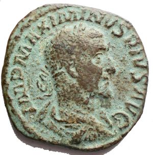 obverse: Maximinus I (235-238), Sestertius, Rome, AD 235-236; AE (g 19,02; mm 29,04 x 30); IMP MAXIMINVS PIVS AVG, laureate, draped and cuirassed bust r., Rv. PAX - AVGVSTI, Pax standing l., holding sceptre and branch; in field, S - C. RIC 58; C 34. green patina, very fine.